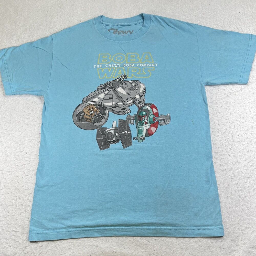 Chewy Boba Company Men's Medium Boba Wars Short Sleeve Blue Graphic T Shirt